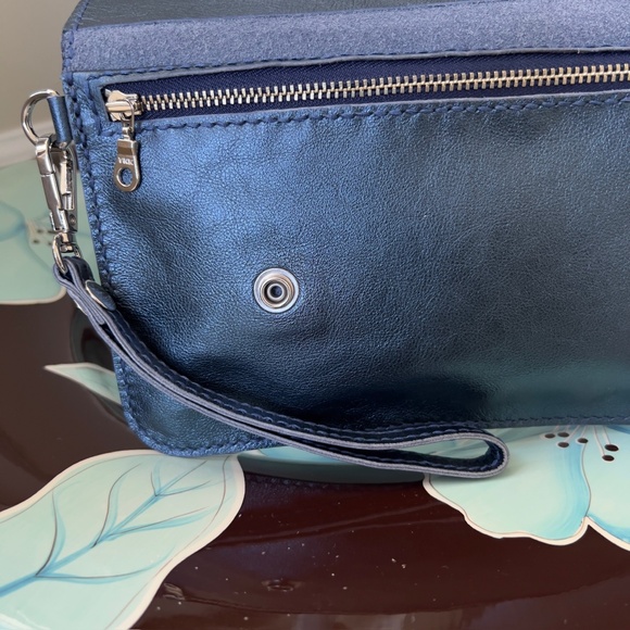 Handmade Blue Metallic Leather Clutch, Detachable Strap, Nickel Hardware, NWT - Picture 11 of 13